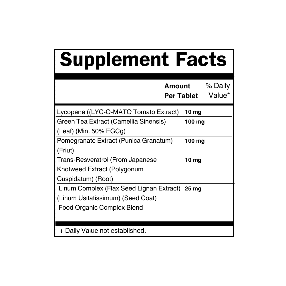 Supplement facts for Prosta Hi-Power, featuring lycopene, green tea extract, pomegranate extract, trans-resveratrol, and linum complex.