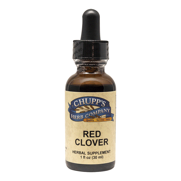 Red Clover herbal supplement bottle by Chupp's Herb Company, organic extract for blood cleanse and cough support, 1 fl oz.