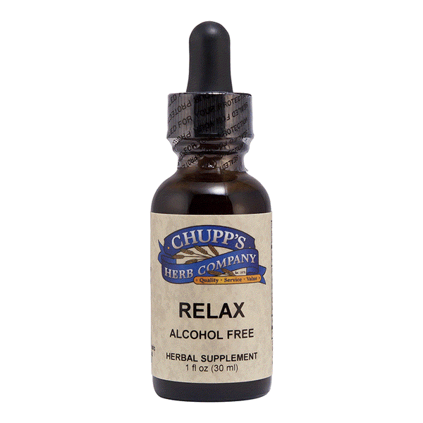 Bottle of Chupp's Herb Company Relax alcohol-free herbal supplement with multi-herb blend and 420 mg per serving