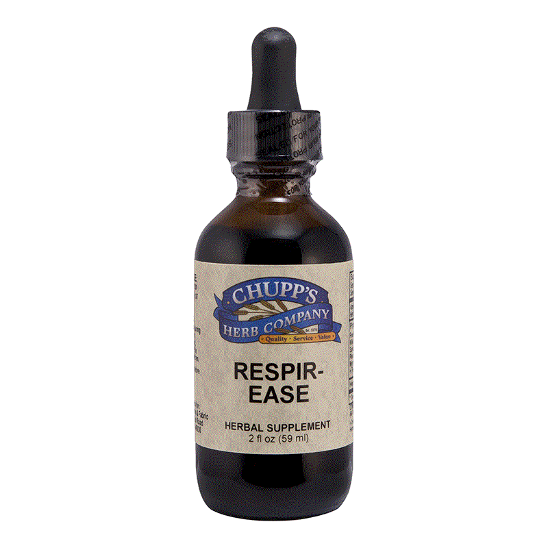 Respir-Ease herbal supplement bottle with 437 mg blend of ten herbs for lung comfort, 2 fl oz with dropper