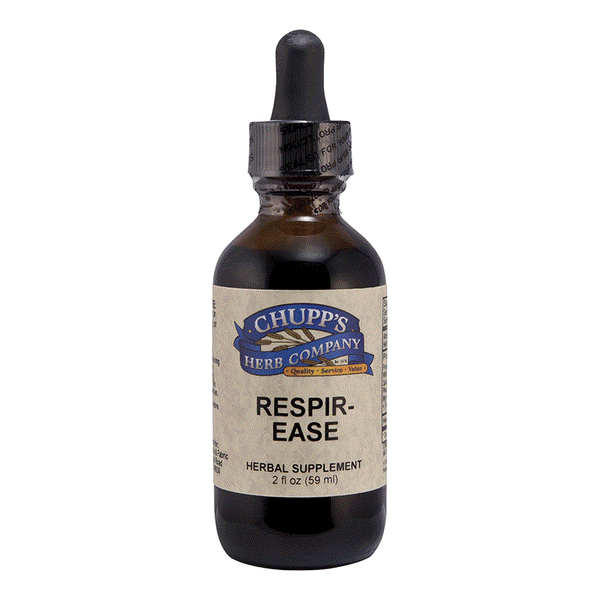Respir-Ease herbal supplement bottle with 437 mg blend of ten herbs for lung comfort, 2 fl oz with dropper