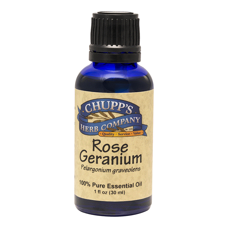 Blue bottle of Chupp's Herb Company Rose Geranium 100% pure essential oil for emotional balance and PMS relief