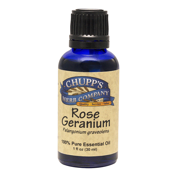 Blue bottle of Chupp's Herb Company Rose Geranium 100% pure essential oil for emotional balance and PMS relief