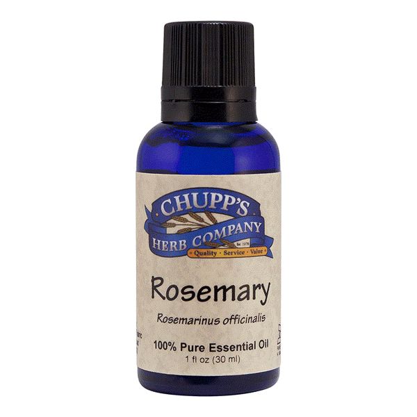 Blue bottle of Chupp's Herb Company 100% pure rosemary essential oil for skin and hair care