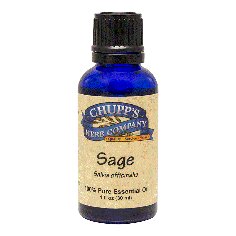 Blue bottle of Chupp's Herb Company Sage 100% Pure Essential Oil for calming and circulation support