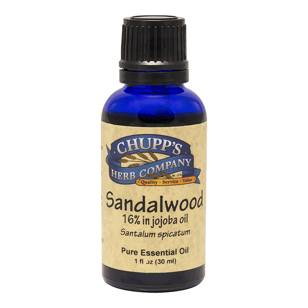 Blue bottle of Chupp's Herb Company Sandalwood essential oil with 16% jojoba oil for calming and stress relief