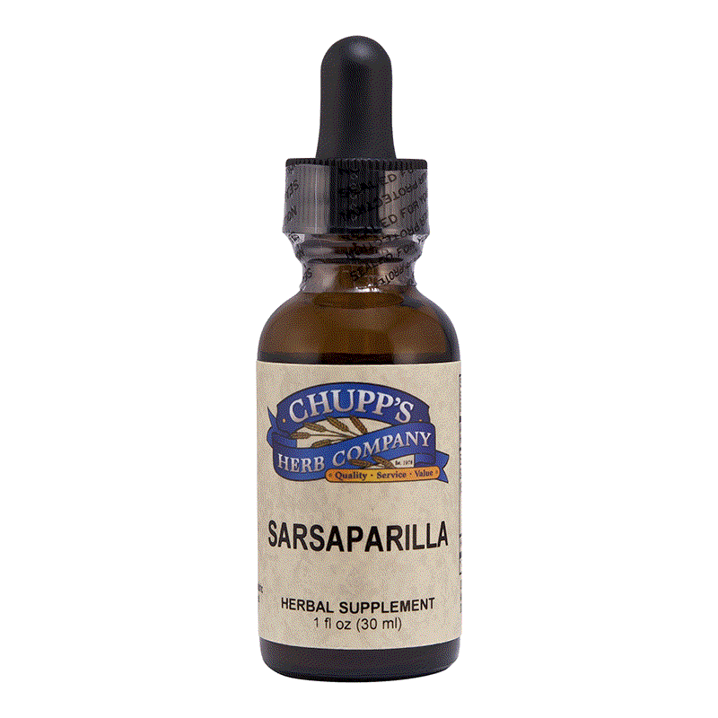 Bottle of Chupp's Sarsaparilla herbal supplement for blood purification and anti-inflammatory support
