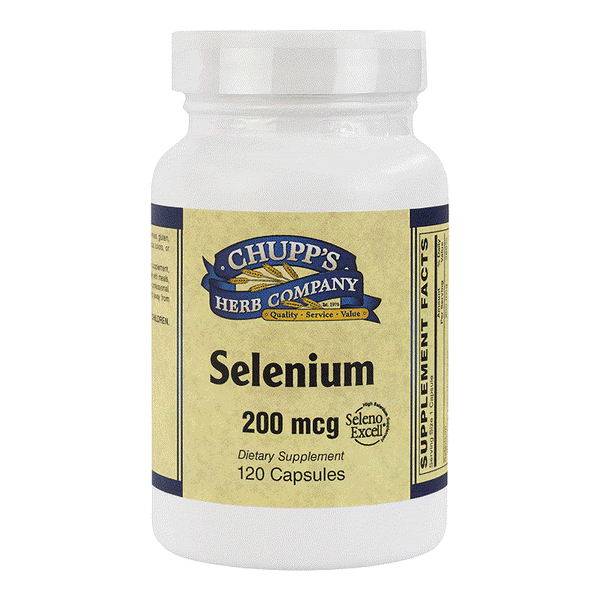 Chupp's Herb Company Selenium dietary supplement bottle with 200 mcg antioxidant trace mineral capsules, yeast-bound, no corn or wheat, 120 capsules.