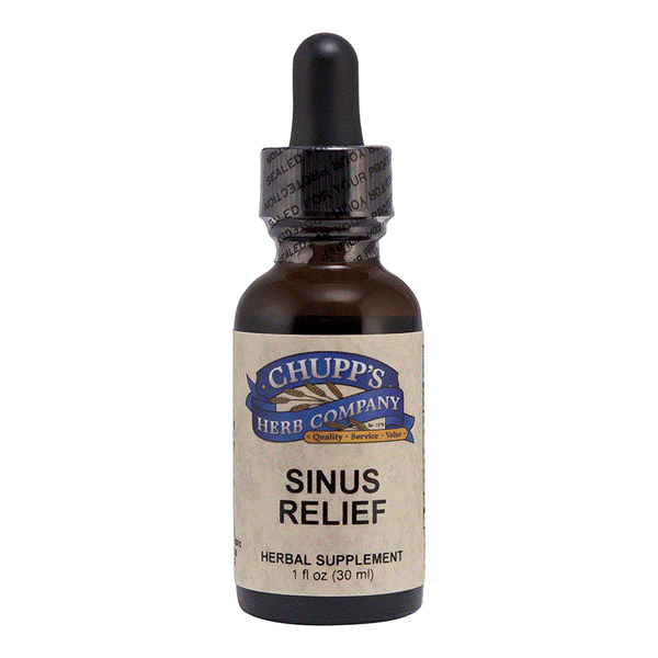 Sinus Relief herbal supplement bottle with 500 mg herbal blend for sinus support and flower extracts in 30 ml dropper bottle