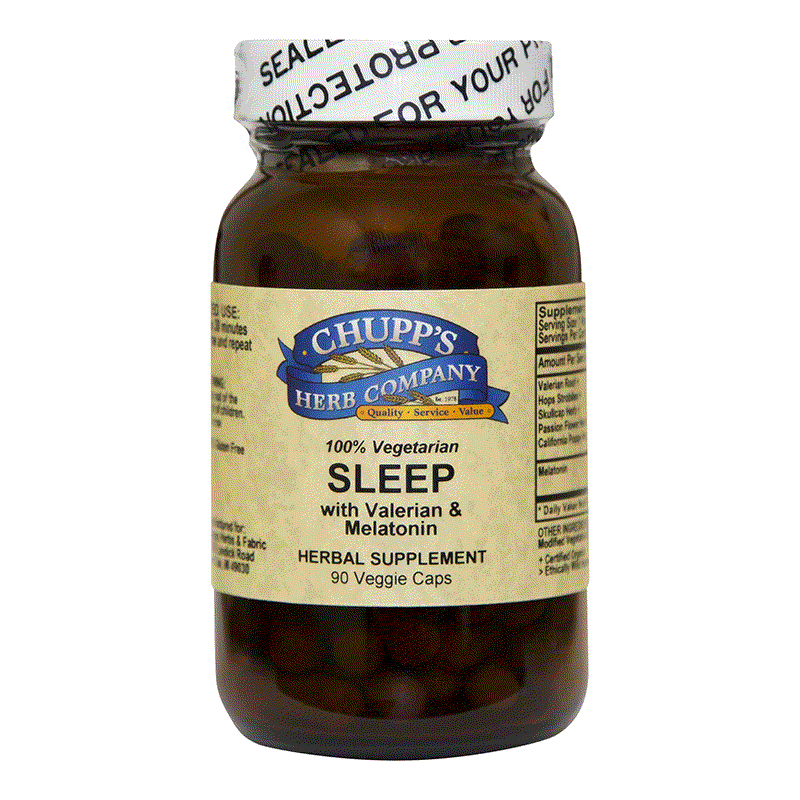 Chupp's Herb Company Herbal Sleep Blend supplement with valerian and melatonin in vegetarian capsules