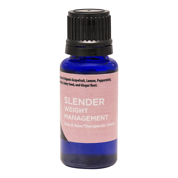 Blue bottle of Slender essential oil blend for weight management and metabolism support