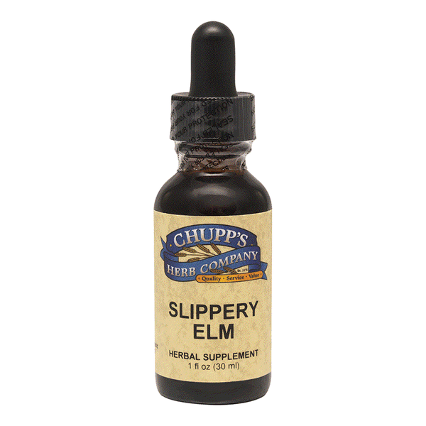 Chupp's Herb Company Slippery Elm herbal supplement bottle with dropper, 1 fl oz, wild harvested bark formula, 200 mg per serving