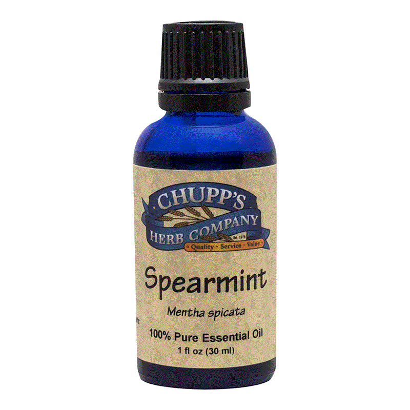 Chupp's Herb Company spearmint essential oil bottle, 100% pure oil for headache relief and digestion support