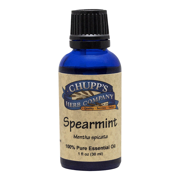 Chupp's Herb Company spearmint essential oil bottle, 100% pure oil for headache relief and digestion support