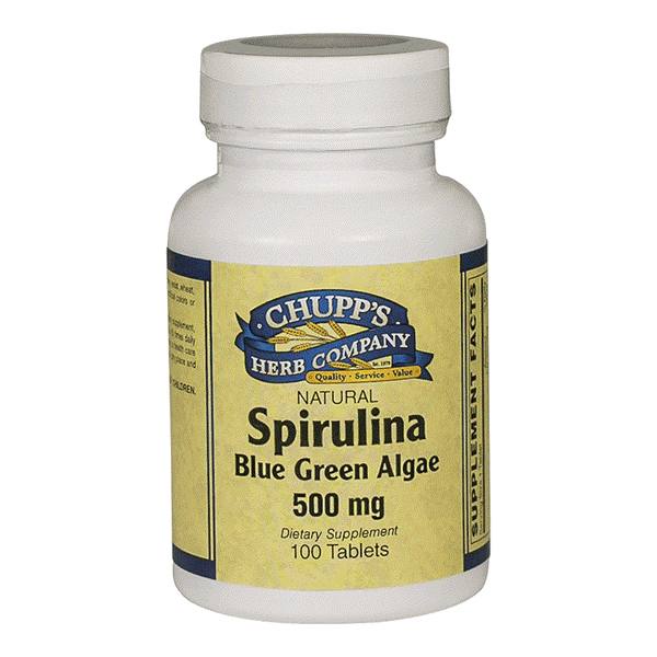 Bottle of Spirulina organic blue green algae dietary supplement, 500 mg, 100 tablets, allergen-free whole food supplement