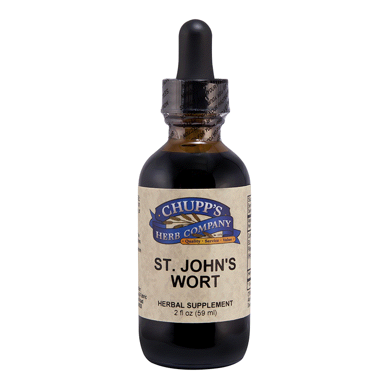 Bottle of St. John's Wort Liquid herbal supplement with 500 mg per serving by Chupp's Herb Company