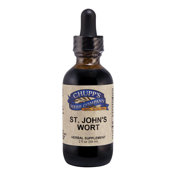 Bottle of St. John's Wort Liquid herbal supplement with 500 mg per serving by Chupp's Herb Company