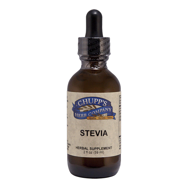 Chupp's Stevia Liquid herbal supplement bottle with dropper, 2 fl oz, no sugar added, 50 mg stevia leaf extract per serving