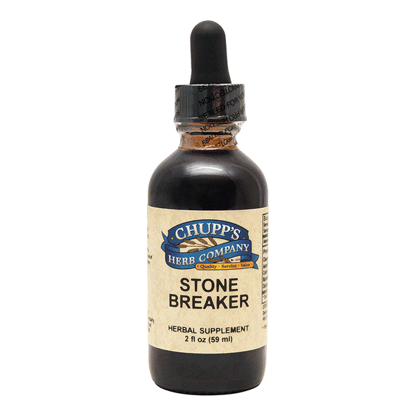 Chupp's Herb Company Stone Breaker herbal supplement bottle with dropper, supports kidney and gallbladder health, contains 450 mg per serving of Chanca Piedra and five herb blend.