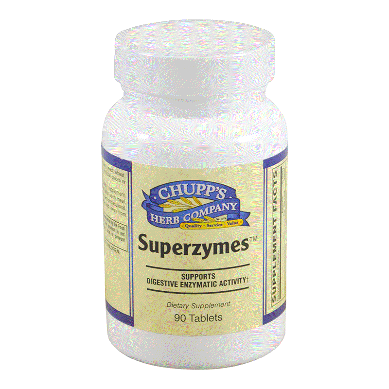 SuperZyme enzyme supplement bottle supporting digestion and nutrient absorption with no sugar or preservatives.