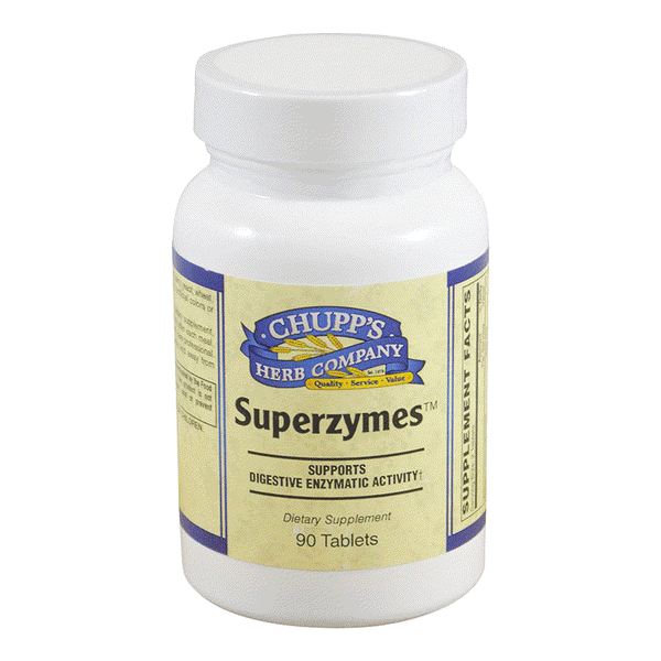 SuperZyme enzyme supplement bottle supporting digestion and nutrient absorption with no sugar or preservatives.