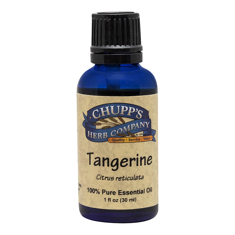 Tangerine essential oil bottle, 100% pure citrus oil with uplifting light aroma, ideal for diffusers.