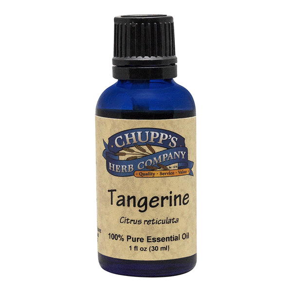 Tangerine essential oil bottle, 100% pure citrus oil with uplifting light aroma, ideal for diffusers.