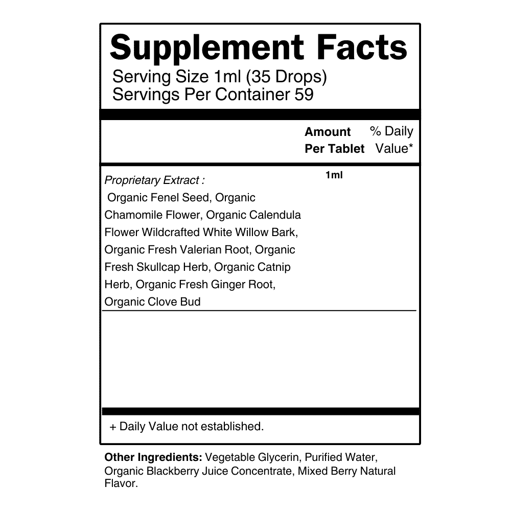 Teething Heritage Series supplement facts with high-quality herbal blend and organic ingredients.
