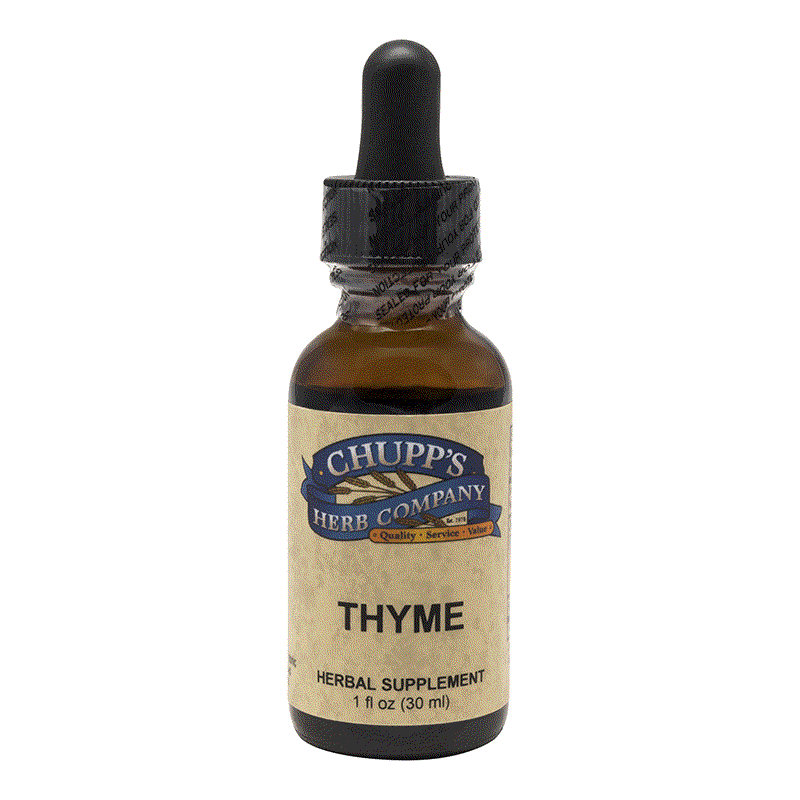Organic Thyme Leaf herbal supplement dropper bottle by Chupp's Herb Company, 1 oz with expectorant properties