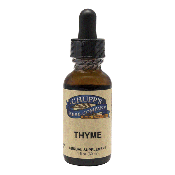 Organic Thyme Leaf herbal supplement dropper bottle by Chupp's Herb Company, 1 oz with expectorant properties