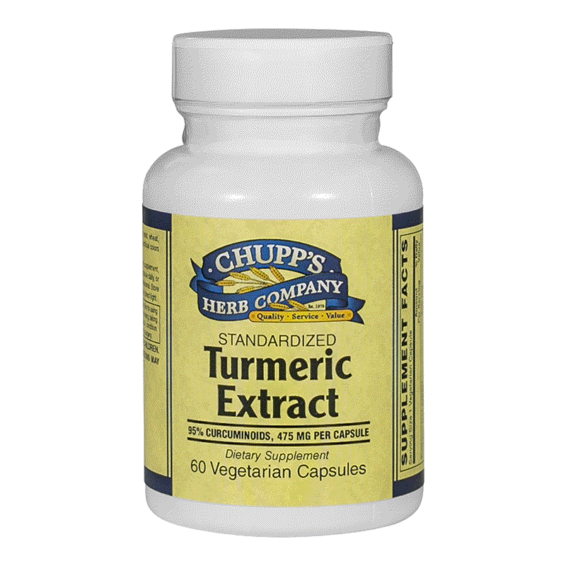 Bottle of Chupp's Herb Company standardized Turmeric Extract dietary supplement with 60 vegetarian capsules and 475 mg curcuminoids per capsule for joint inflammation support