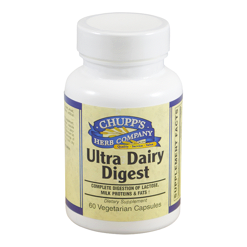 Bottle of Ultra Dairy Digest dietary supplement capsules for lactose and dairy digestion