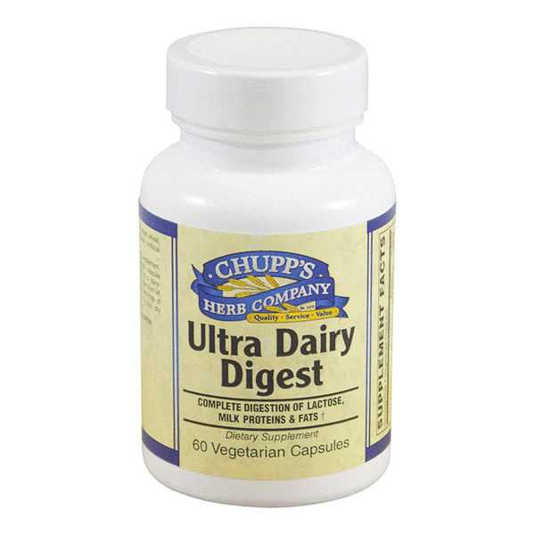 Bottle of Ultra Dairy Digest dietary supplement capsules for lactose and dairy digestion
