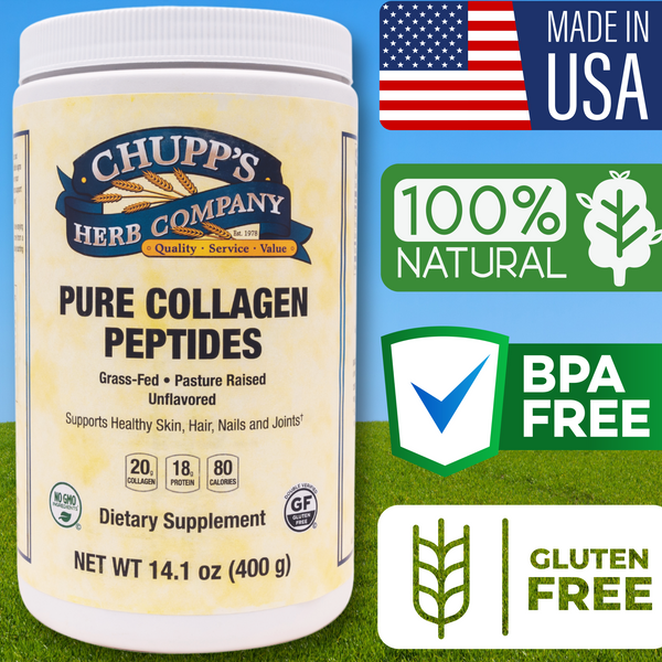 Pure Collagen Peptides container with labels highlighting "100% Natural," "BPA Free," "Gluten Free," and "Made in USA."