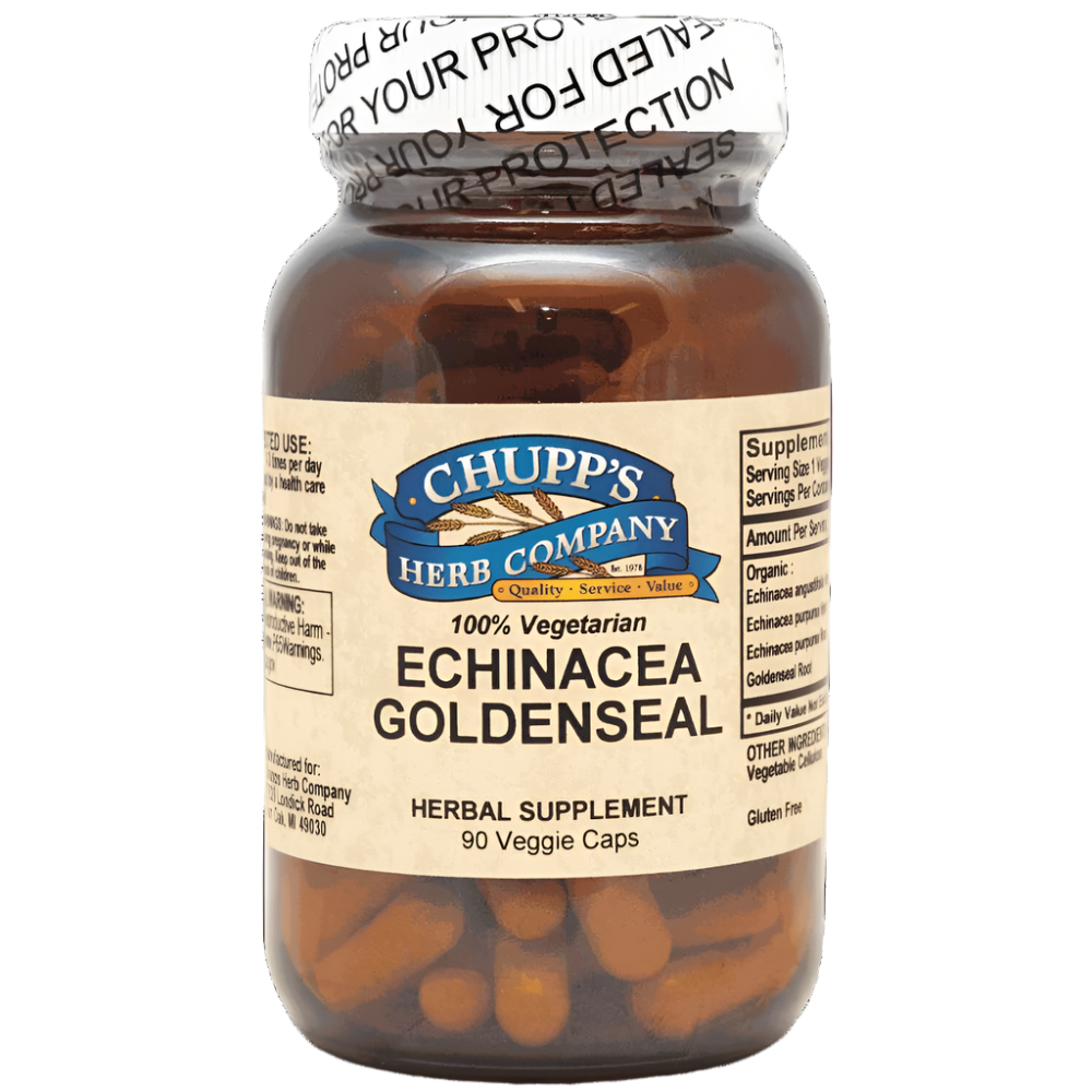 Echinacea Goldenseal herbal supplement bottle with 90 gluten-free, plant-based capsules.