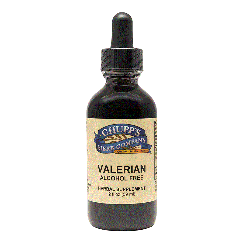 Chupp's alcohol-free valerian herbal supplement bottle with organic valerian root extract, 2 fl oz.