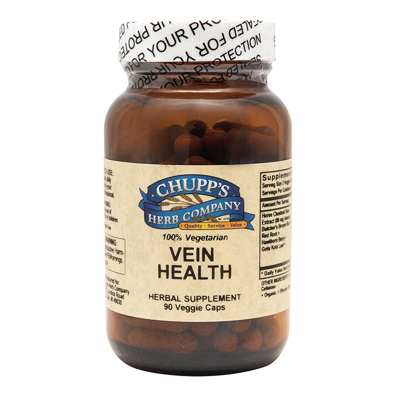 Chupp's Herb Company Vein Health herbal supplement bottle with 90 vegetarian capsules for supporting veins and arteries.