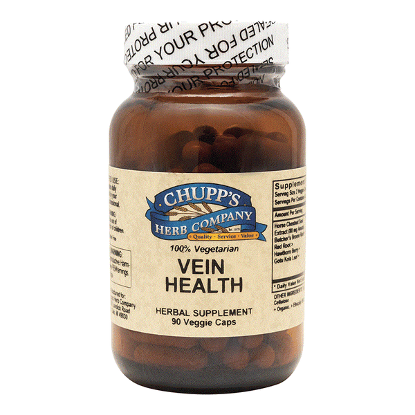 Chupp's Herb Company Vein Health herbal supplement bottle with 90 vegetarian capsules for supporting veins and arteries.