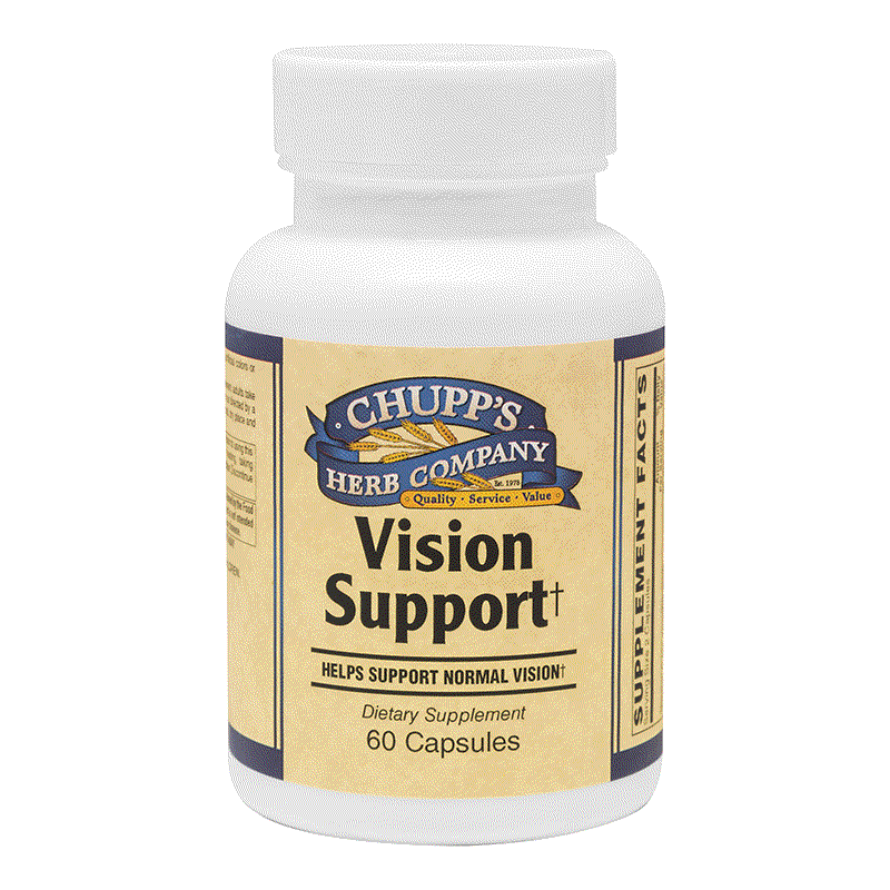 Chupp's Herb Company Vision Support dietary supplement bottle with 60 capsules for eye function and antioxidants