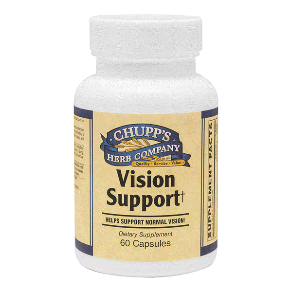 Chupp's Herb Company Vision Support dietary supplement bottle with 60 capsules for eye function and antioxidants