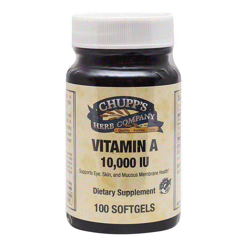 Bottle of Chupp's Herb Company Vitamin A 10,000 IU dietary supplement with 100 softgels for immune support and eye, skin health