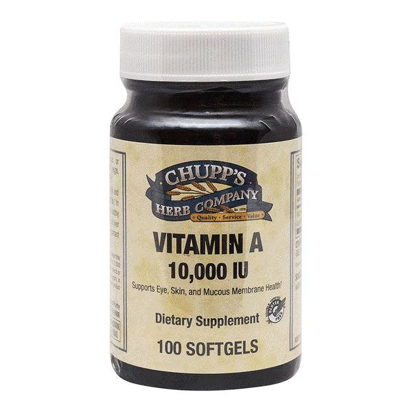 Bottle of Chupp's Herb Company Vitamin A 10,000 IU dietary supplement with 100 softgels for immune support and eye, skin health