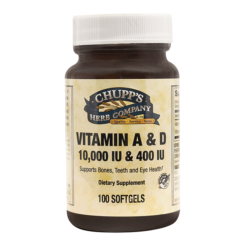 Chupp's Herb Company Vitamin A & D softgels bottle with 10,000 IU Vitamin A and 400 IU Vitamin D dietary supplement from fish liver oil, 100 softgels.