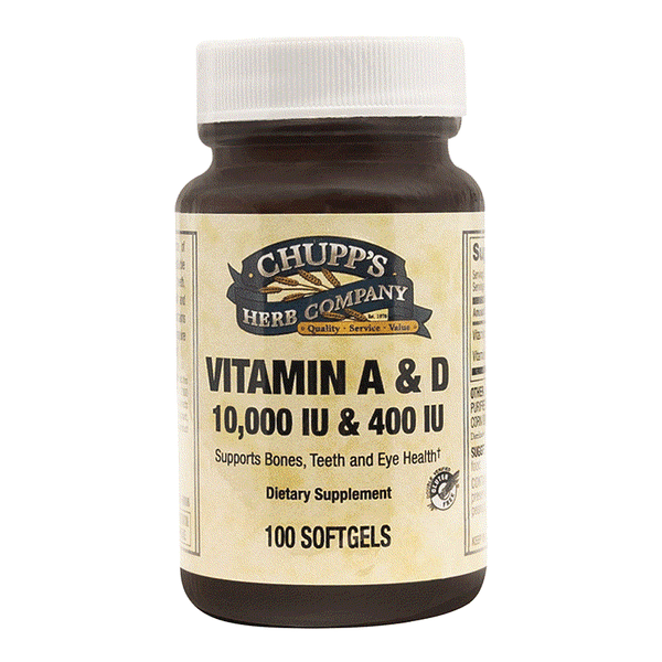 Chupp's Herb Company Vitamin A & D softgels bottle with 10,000 IU Vitamin A and 400 IU Vitamin D dietary supplement from fish liver oil, 100 softgels.