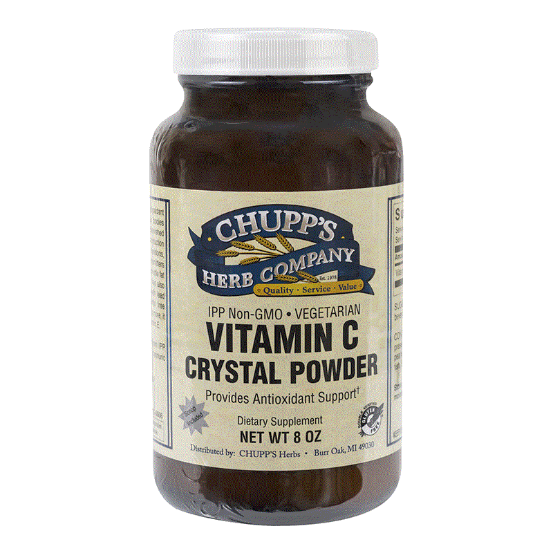 Jar of Chupp's Herb Company Vitamin C Crystal Powder dietary supplement with antioxidant support label