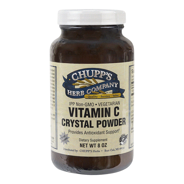 Jar of Chupp's Herb Company Vitamin C Crystal Powder dietary supplement with antioxidant support label