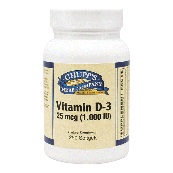 Bottle of Chupp's Herb Company Vitamin D-3 25 mcg (1,000 IU) dietary supplement with 250 softgels for immune support and anti-arthritis benefits