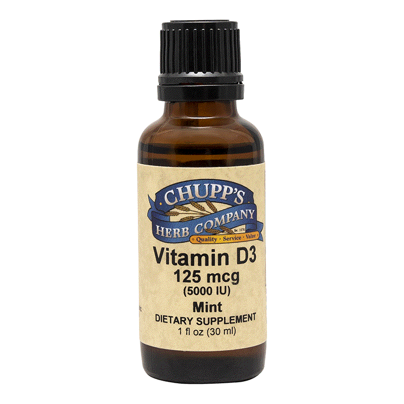 Bottle of Chupp's Herb Company Vitamin D3 Liquid 125 mcg (5000 IU) mint flavored dietary supplement drops