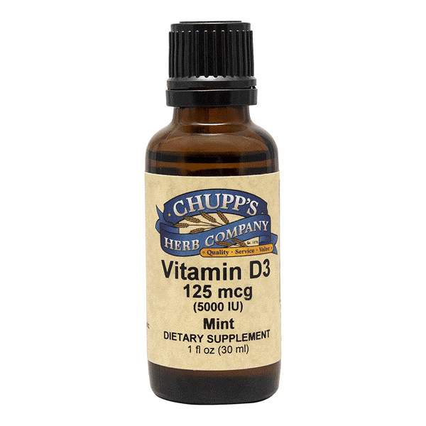 Bottle of Chupp's Herb Company Vitamin D3 Liquid 125 mcg (5000 IU) mint flavored dietary supplement drops