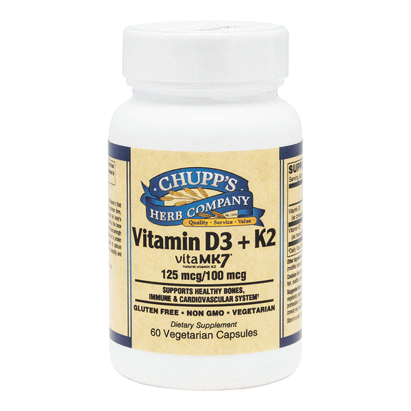 Chupp's Herb Company Vitamin D3 + K2 dietary supplement bottle with bone, heart, immune support, gluten-free and vegetarian capsules